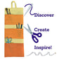 sewn organizer in front of a white background. To the right are graphic of needle and thread, scissors, and tape measure along with the words discover, create, inspire!