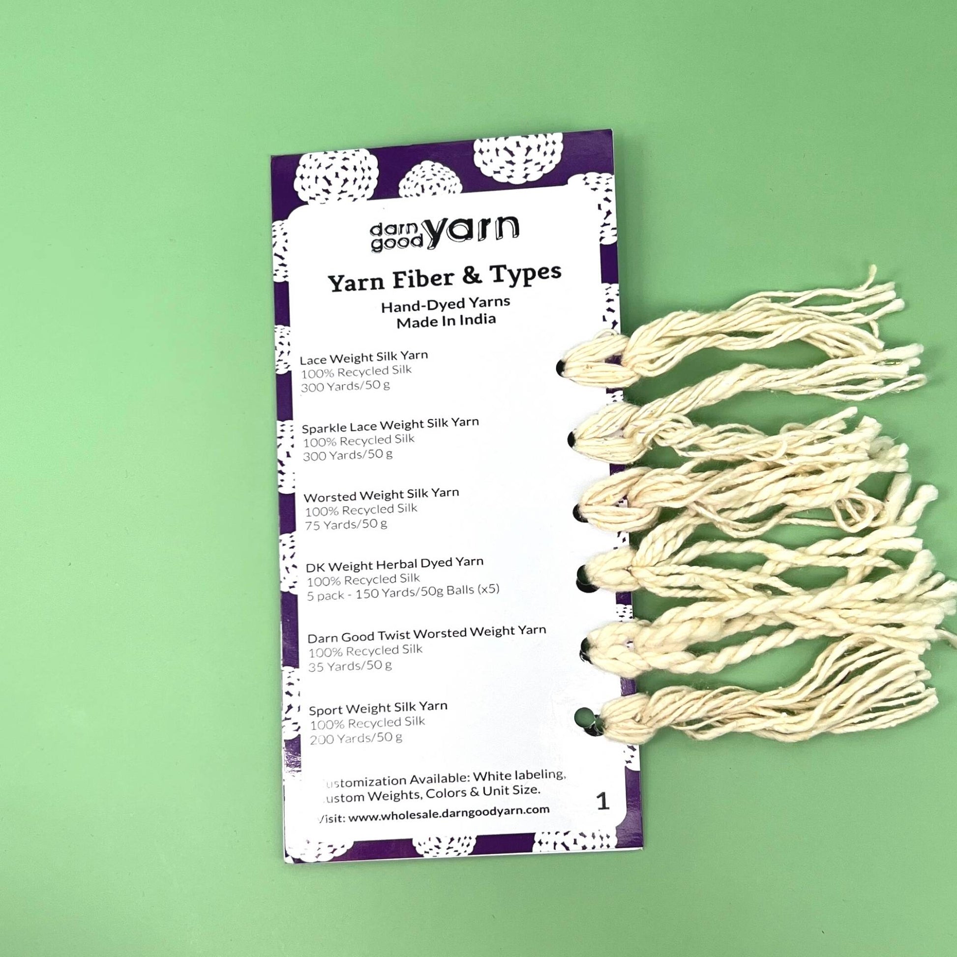Yarn fiber and type sample cards on a green backdrop.