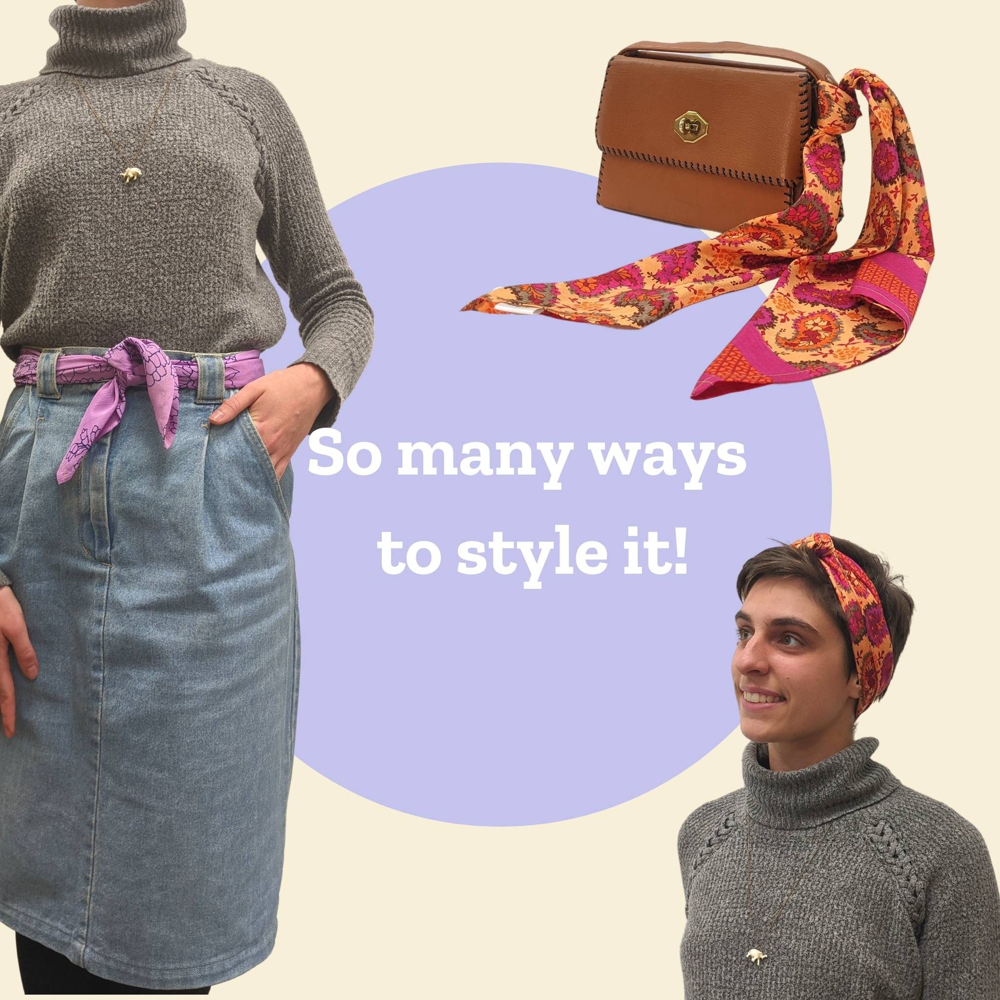 Model is wearing a Furoshiki as a belt, headband and on wrapped on a purse.