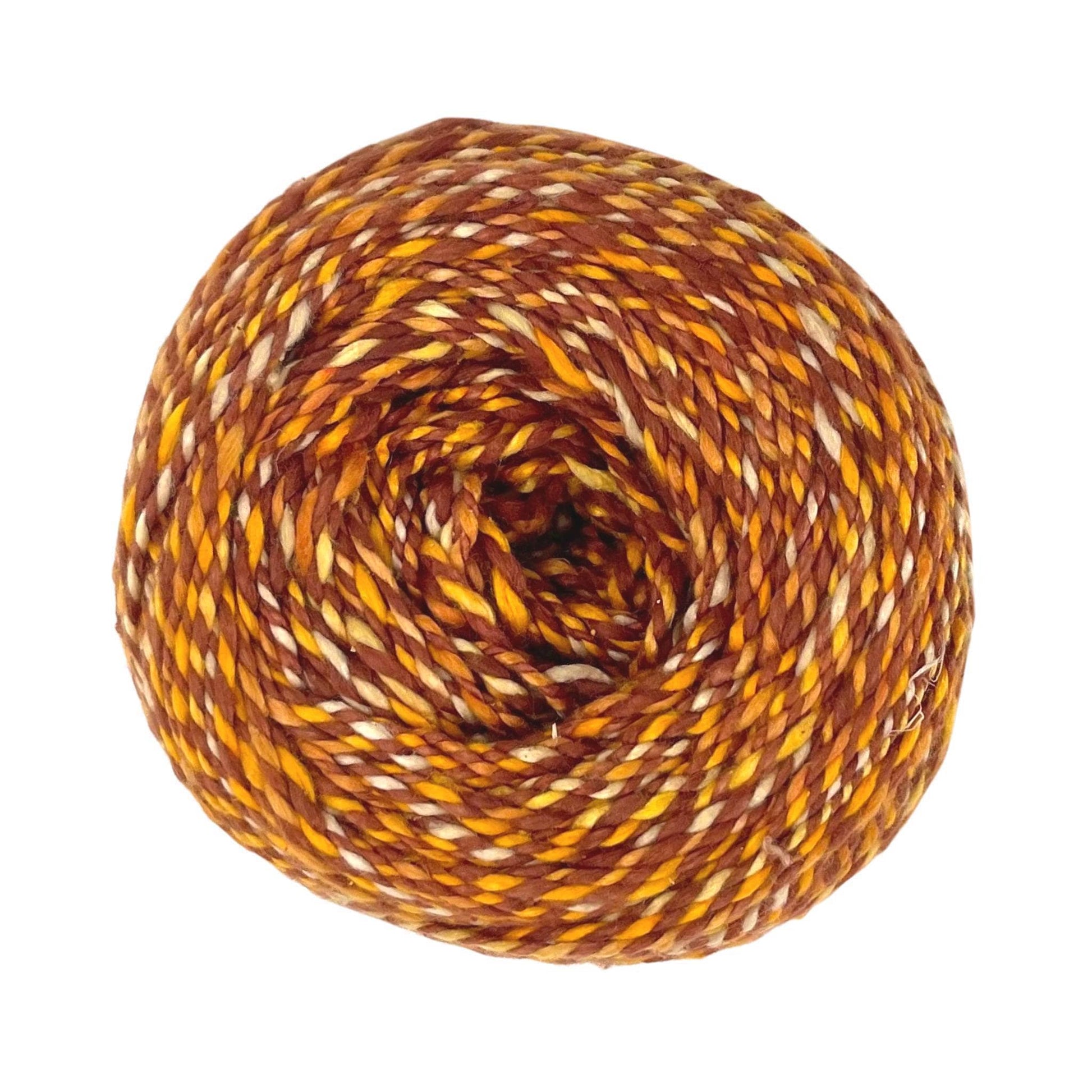 A skein of Darn Good Twist Sport Weight Silk Yarn in the colorway Hazelnut Harvest on a white background