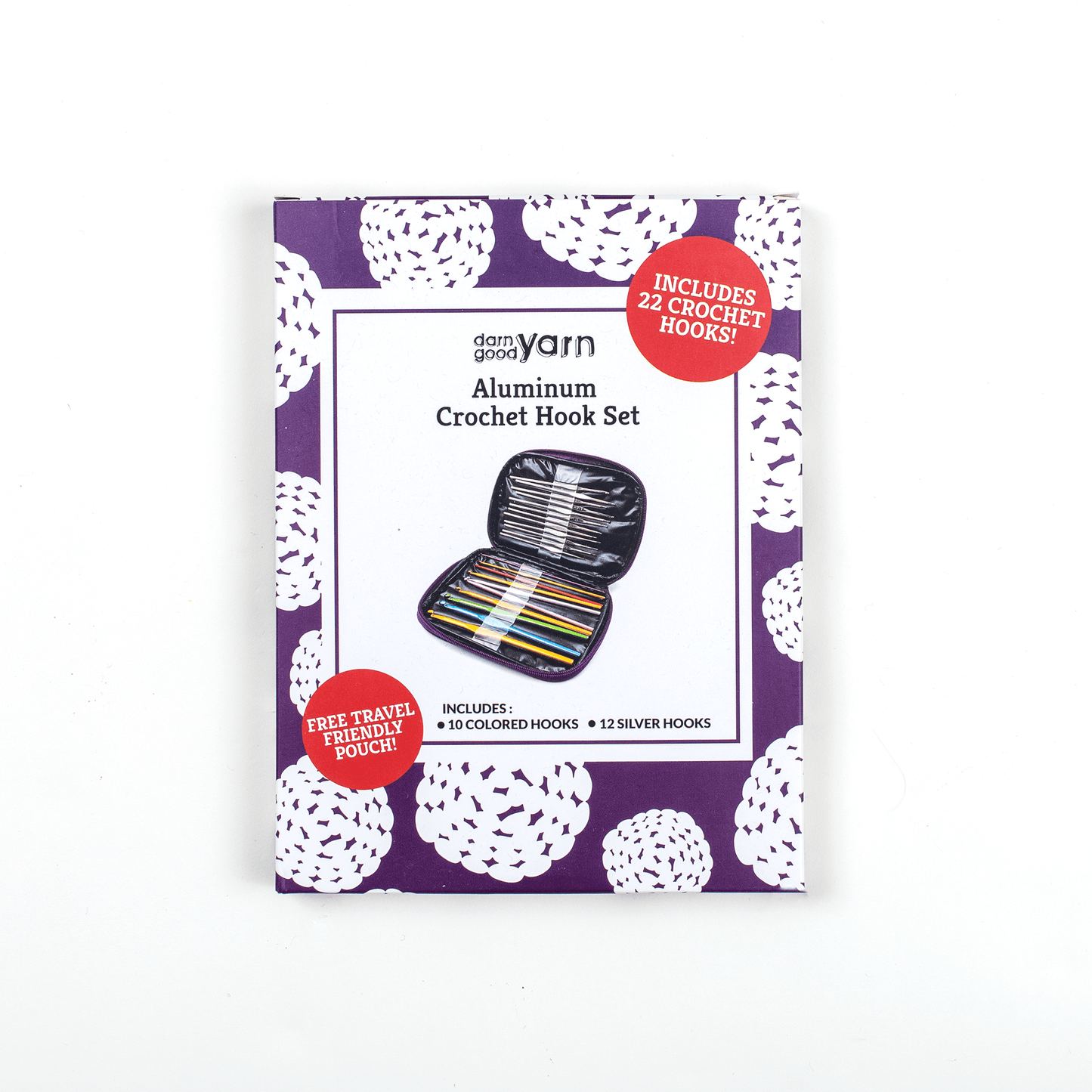 Image of aluminum crochet hook set packaging, purple and white cardboard box in front of a white background.