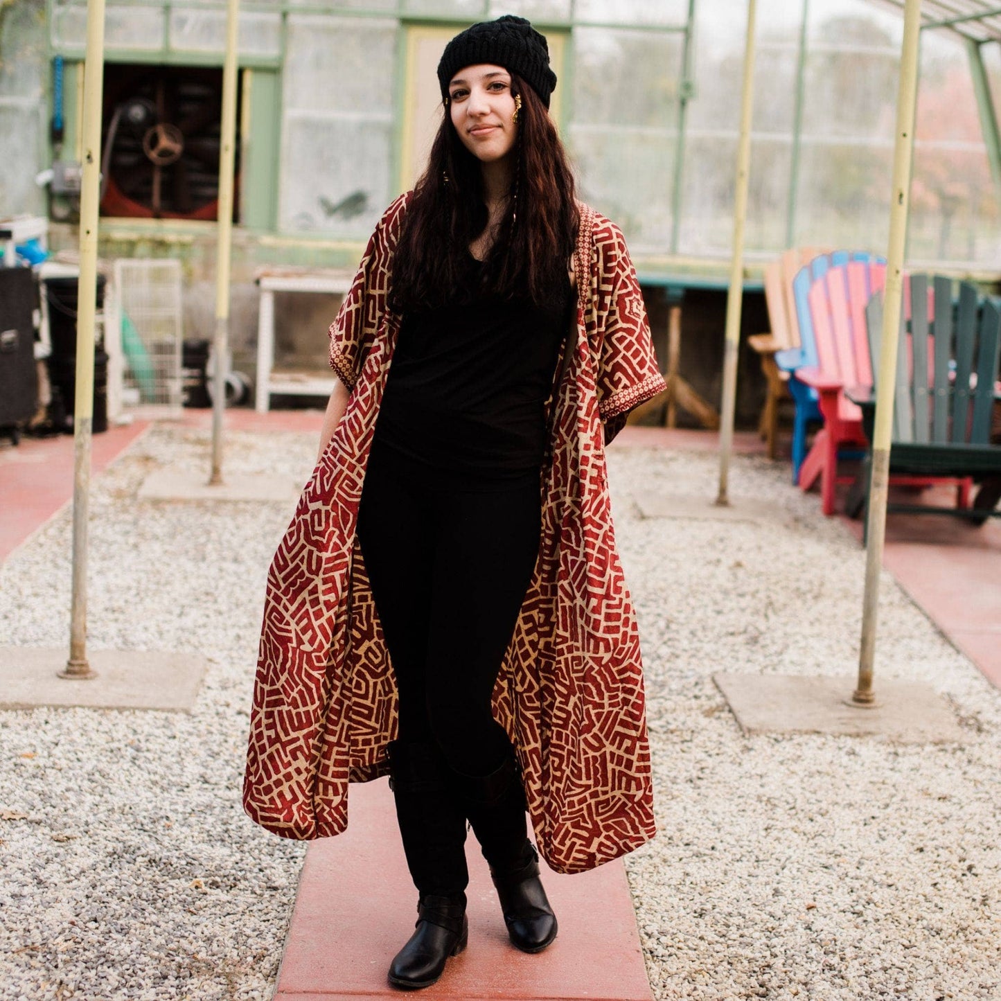 Model wearing amara long recycled sari duster.
