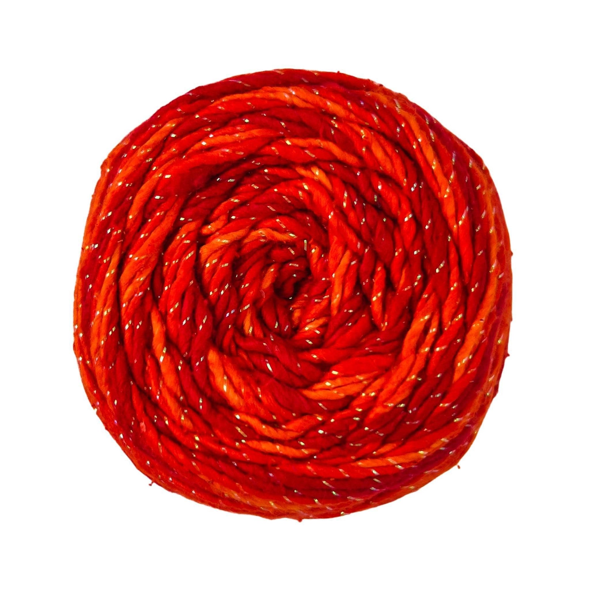 Single skein of sparkle worsted weight recycled silk yarn in phoenix rising (rich reds in an ombre dye) colorway in front of a white background. This skein is also spun with a strand of sparkle in it.