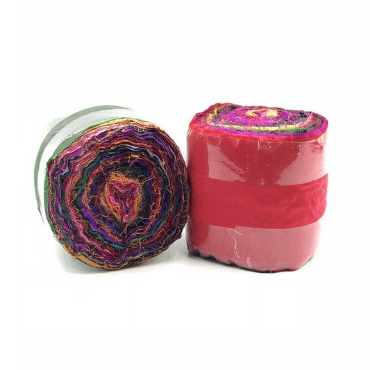 2 2.5" Inch Wide Sari Silk Ribbon Rolls in Multicolored on a white background