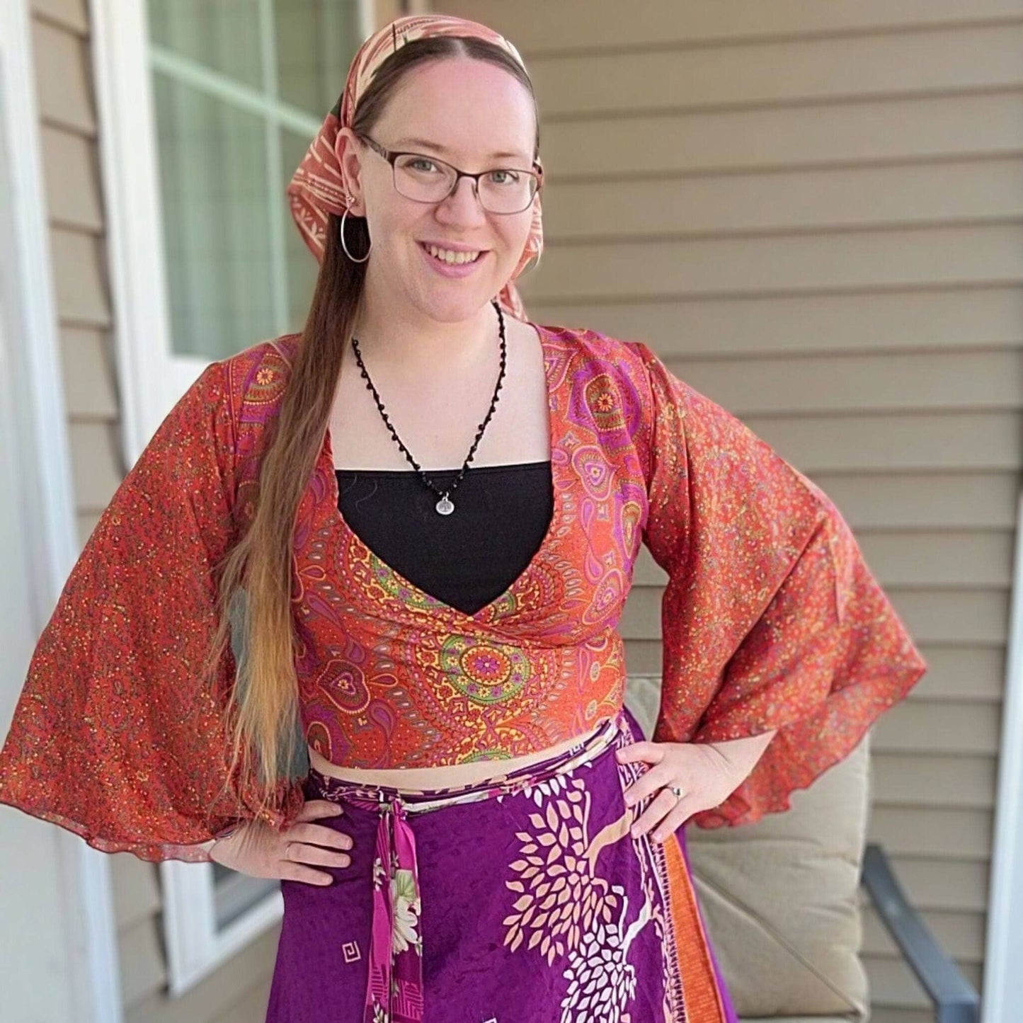 Recycled Sari Wrap Top with Bell Sleeves