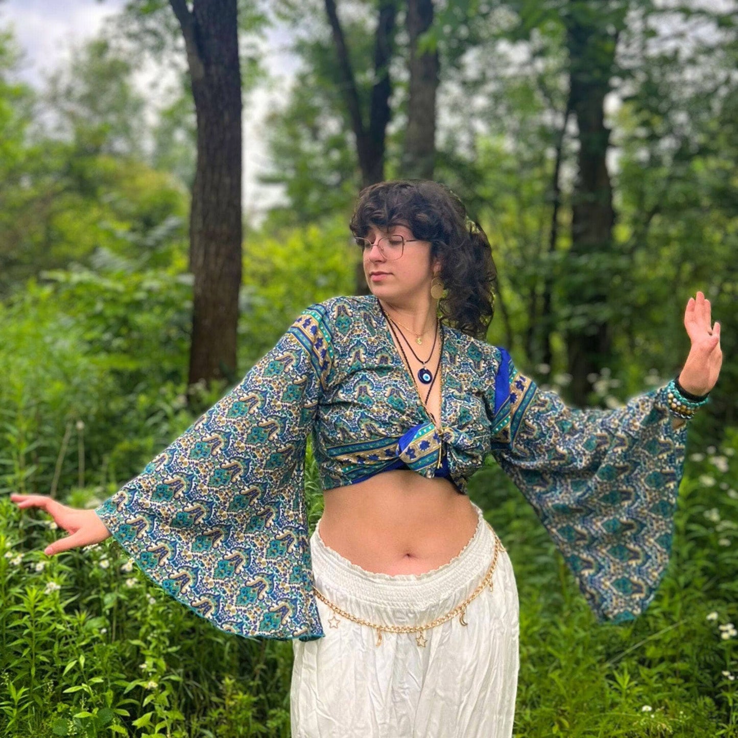 Recycled Sari Wrap Top with Bell Sleeves