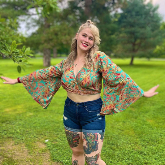 Recycled Sari Wrap Top with Bell Sleeves