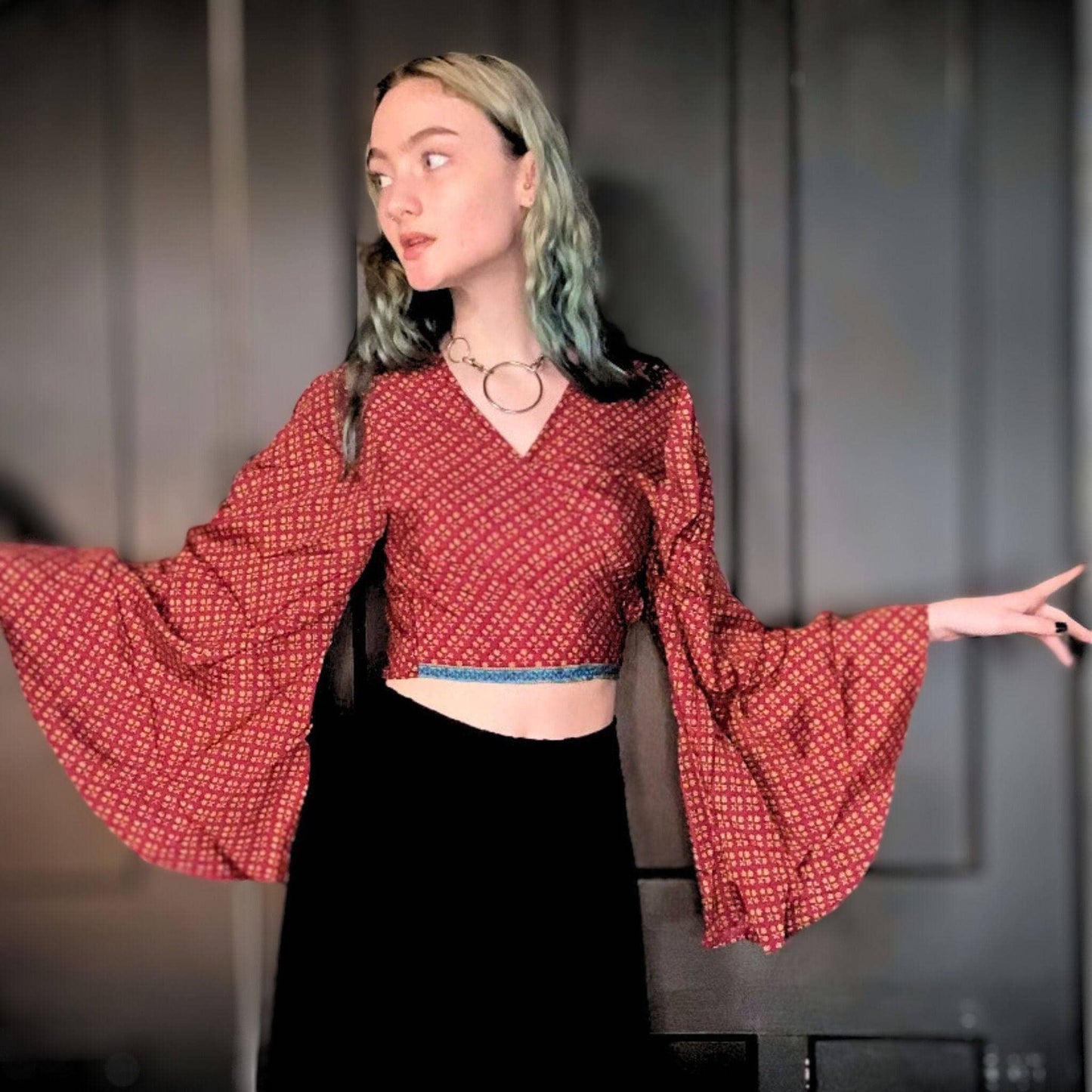 Recycled Sari Wrap Top with Bell Sleeves