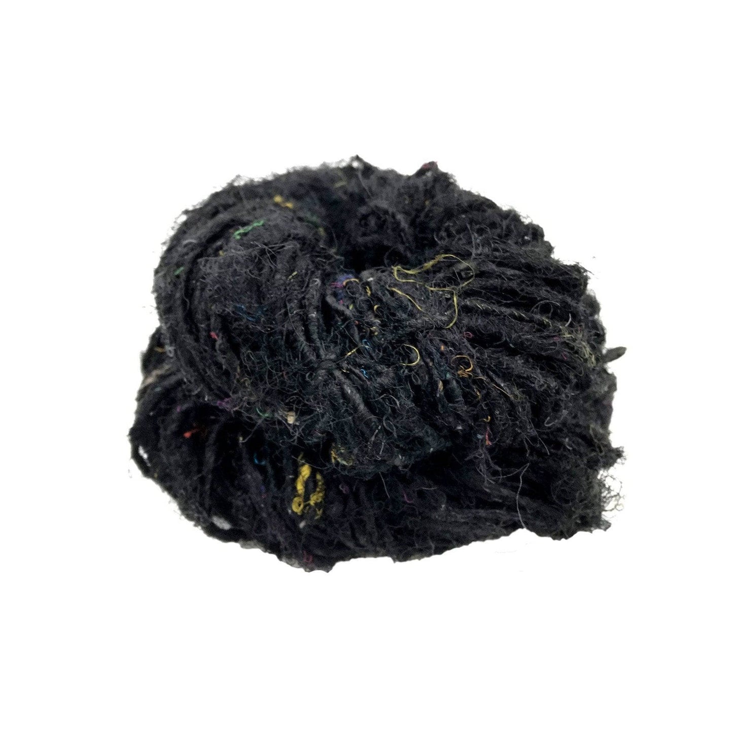 Recycled Silk Yarn close up in the color black with a white background