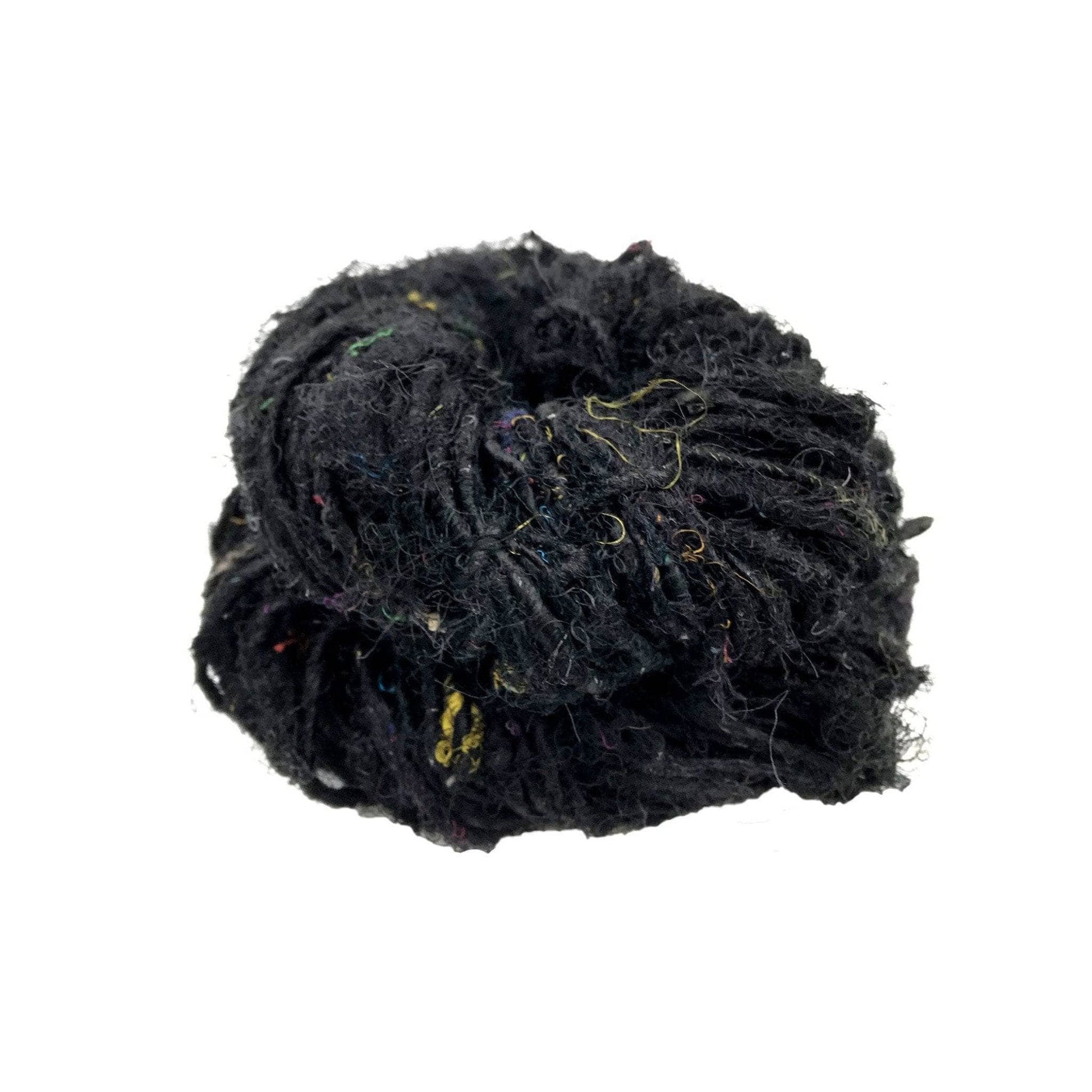 Recycled Silk Yarn close up in the color black with a white background