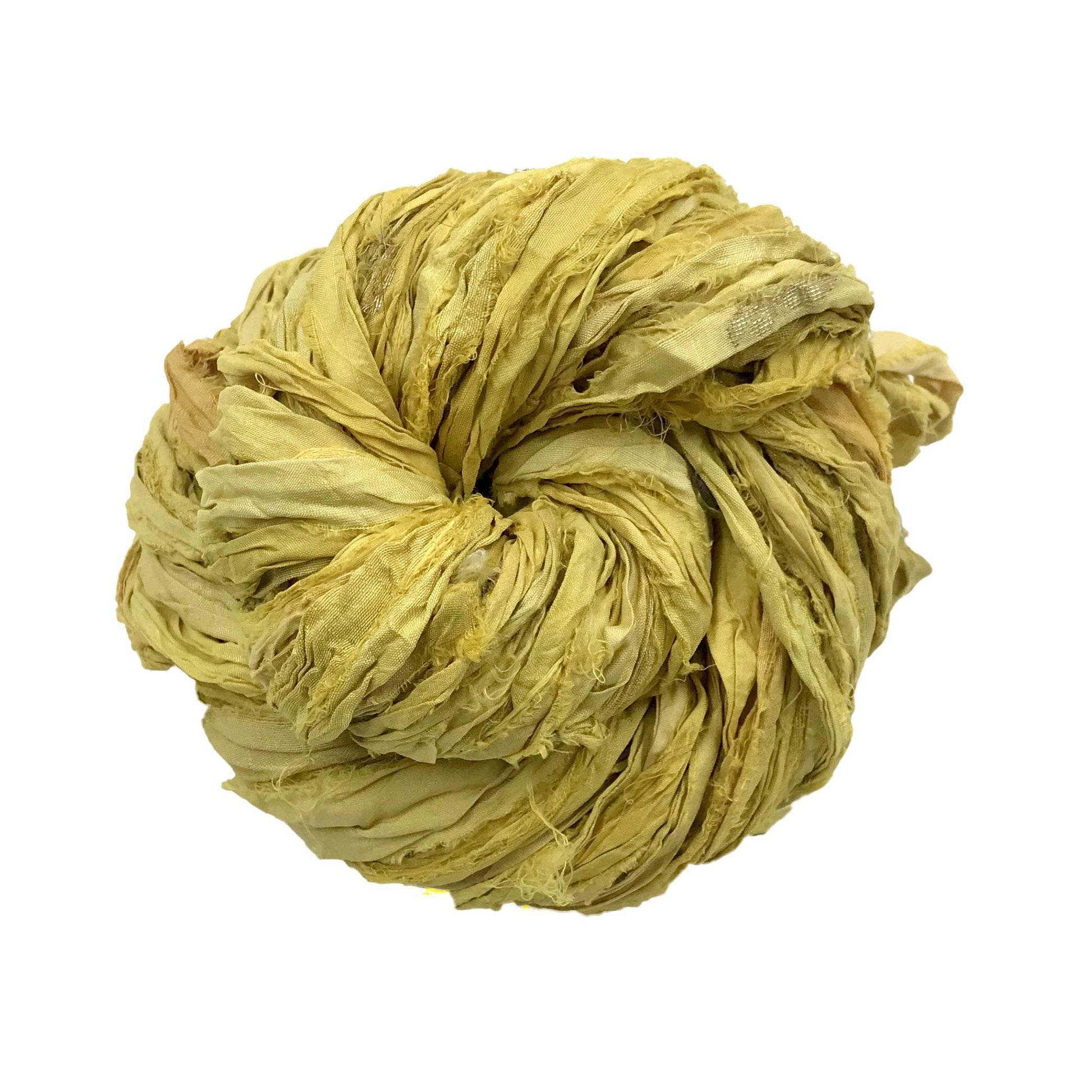 A yellow skein of sari ribbon on a white background