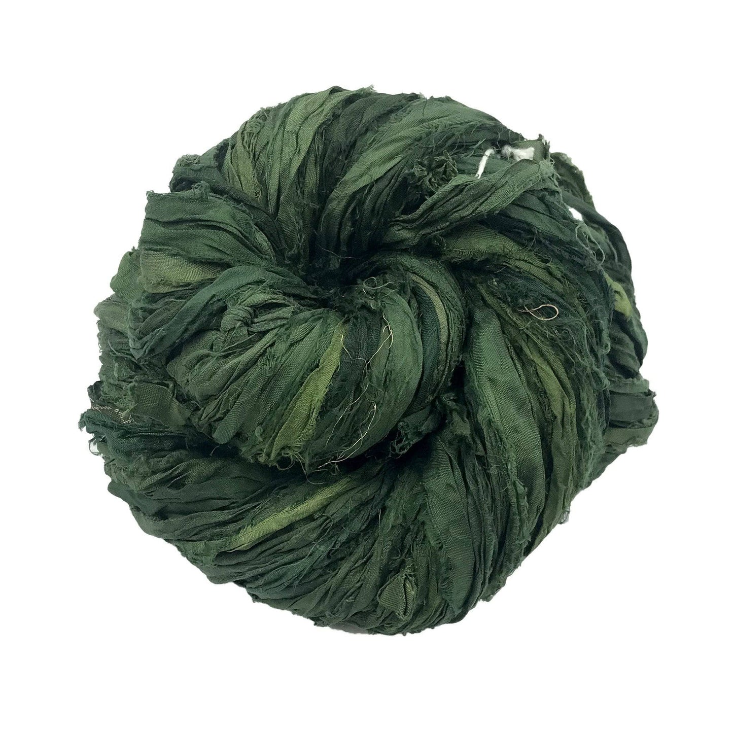 A green skein of sari ribbon on a white background