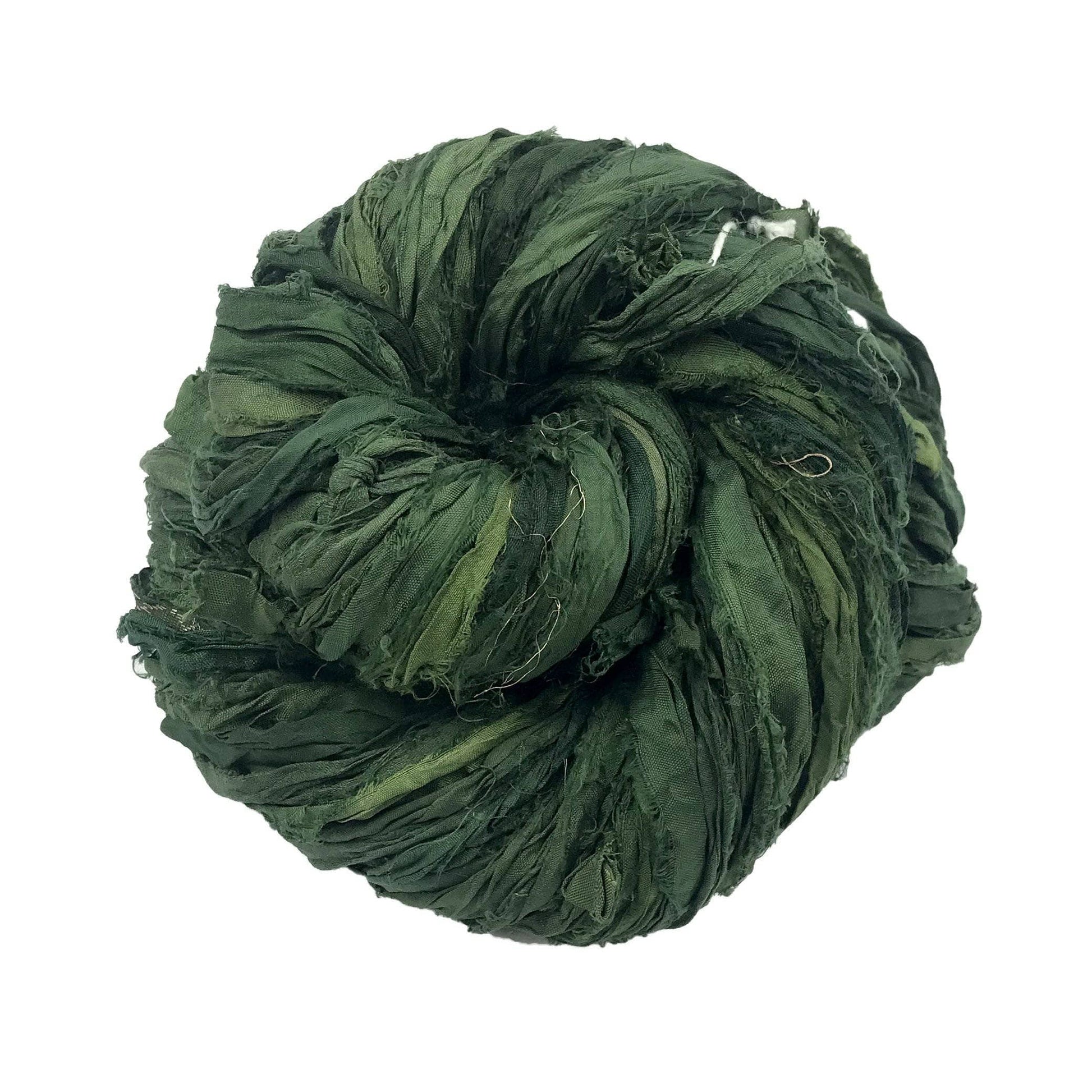 A green skein of sari ribbon on a white background
