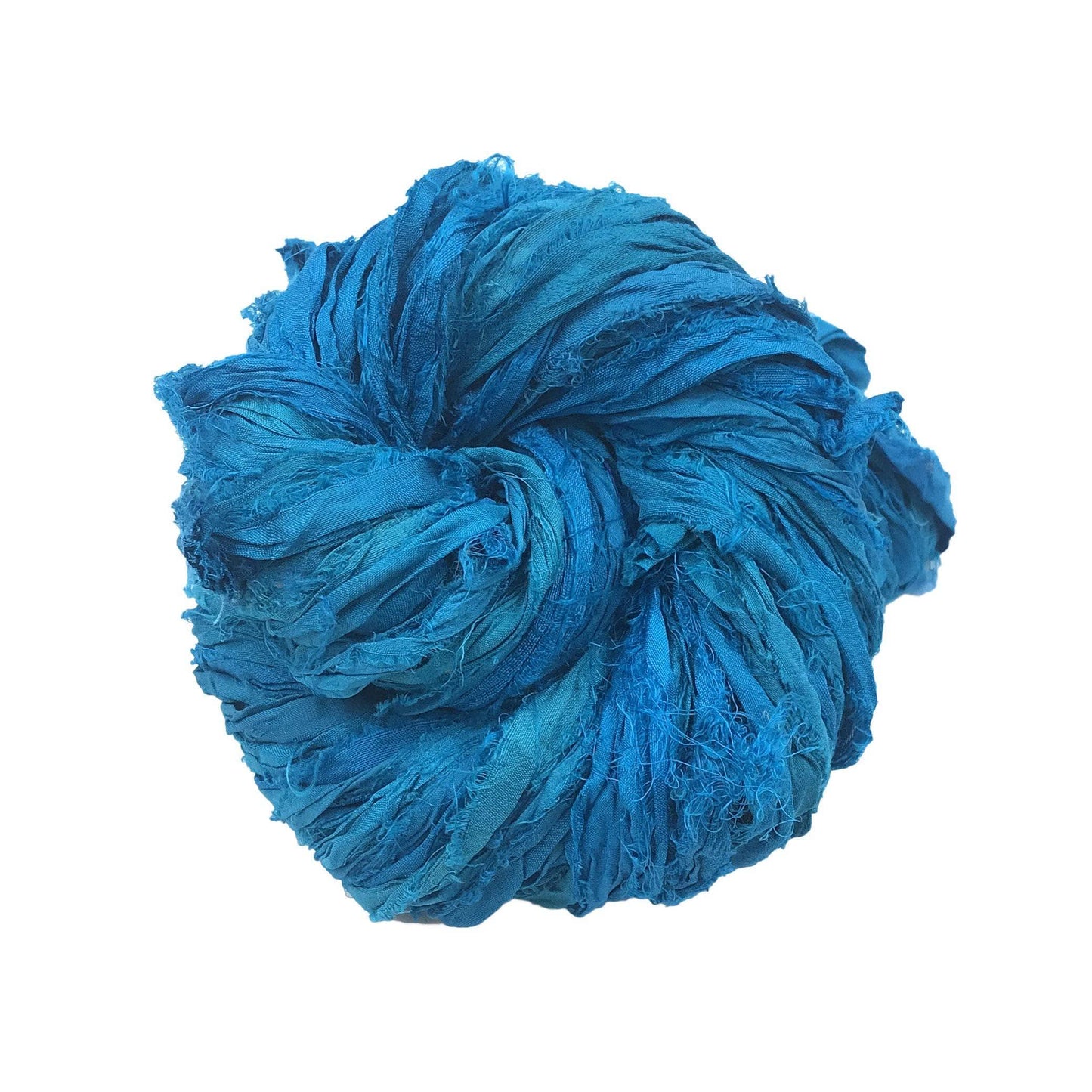 A blue skein of sari ribbon on a white background