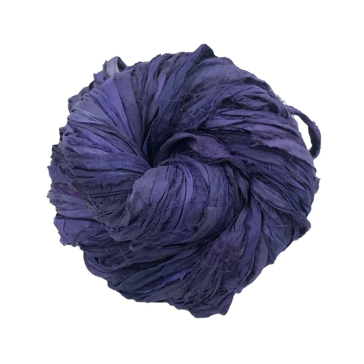 An ultra violet skein of sari ribbon on a white background