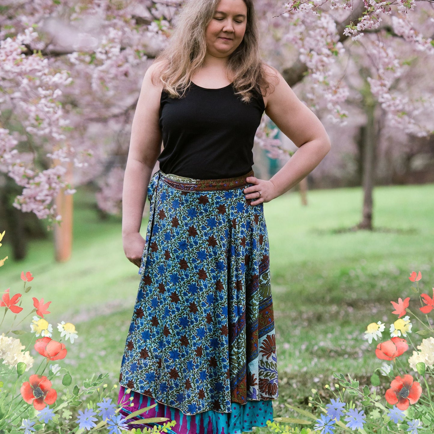 Darn Good Yarn: Special Edition Skirt: Wildflower Wonders The Original Sari Wrap Skirt, Clothing and Accessories