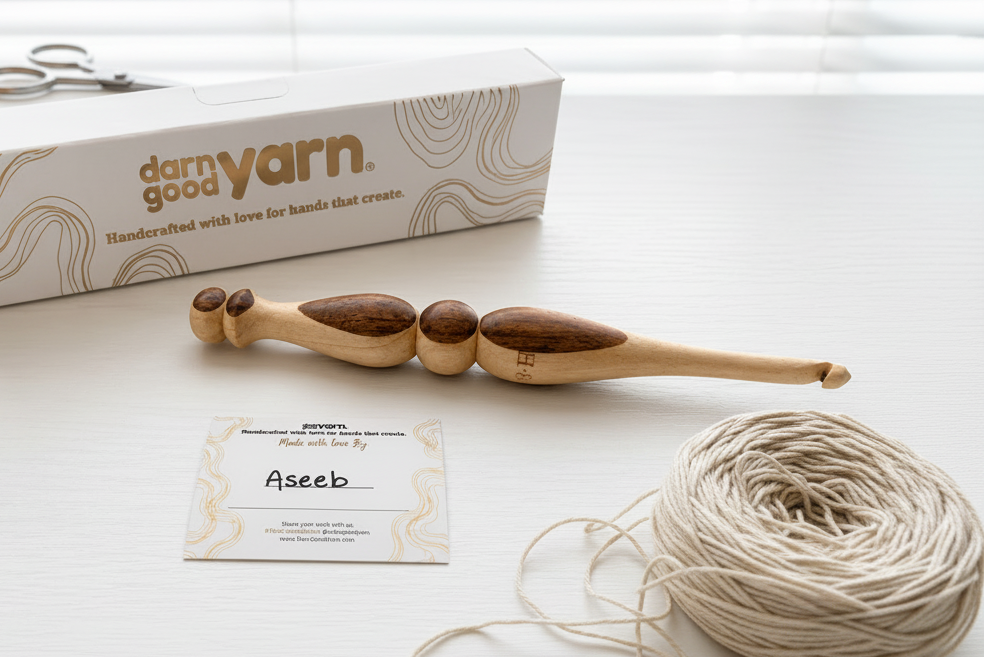 Wooden crochet hook with a card labeled 'Aseeb' next to a 'darn good yarn' box on a white surface.
