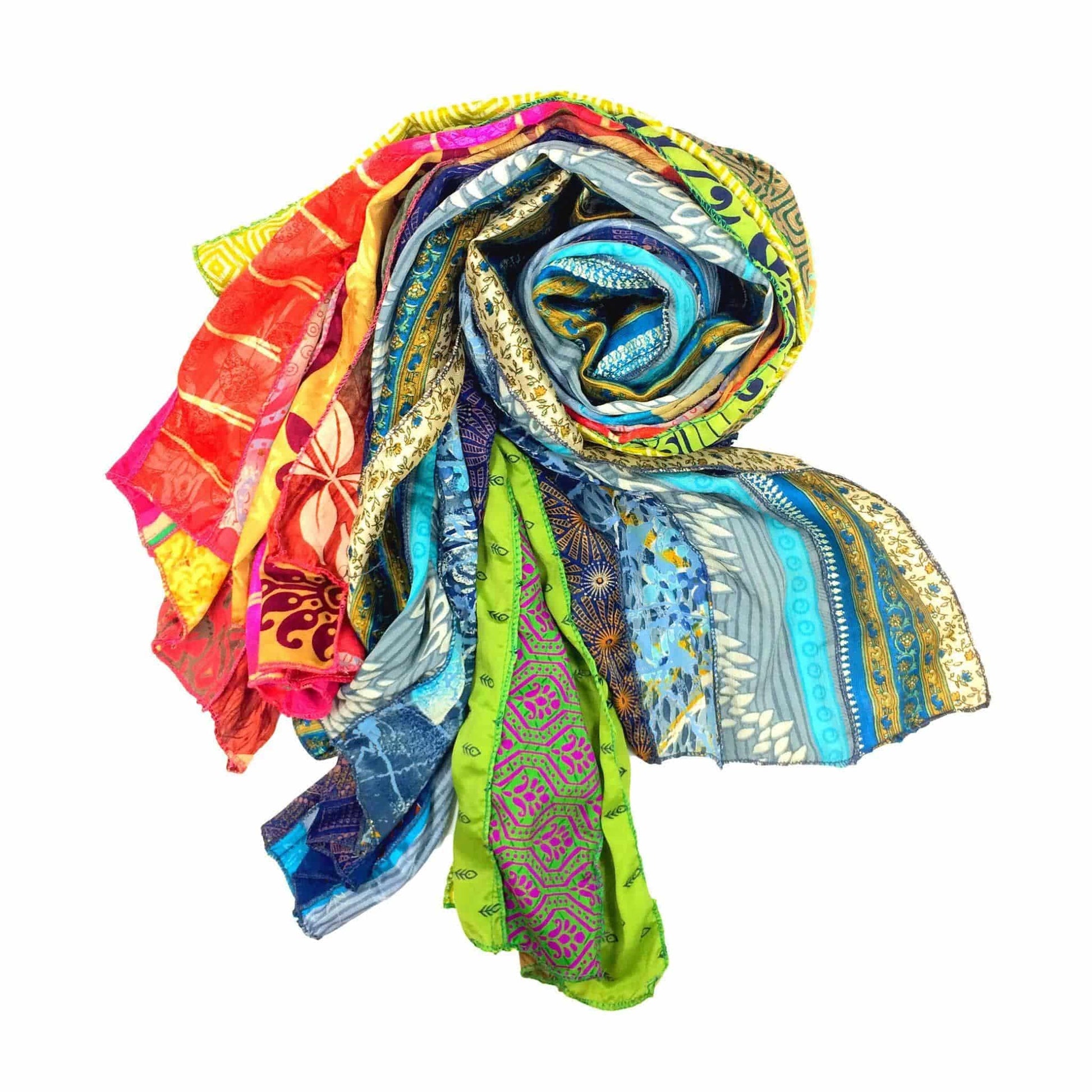 Vibrant, multi-colored rolled fabric showcasing intricate patterns and textures.