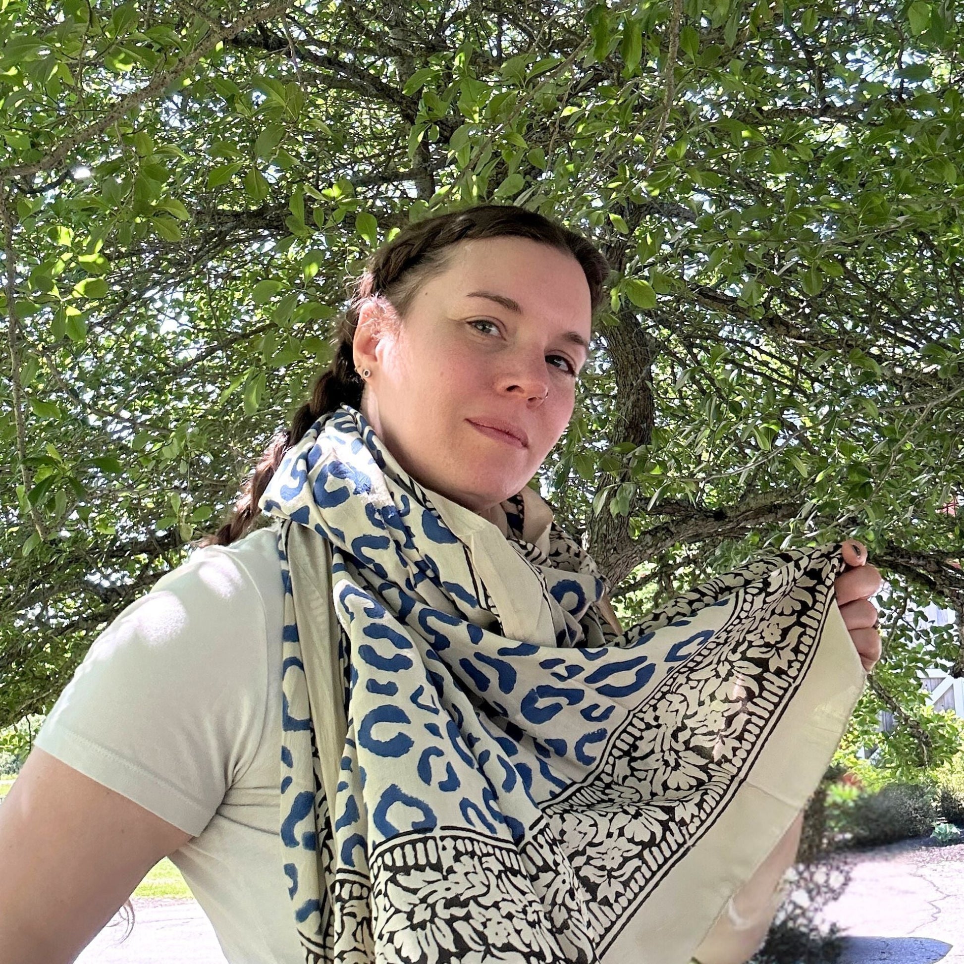Darn Good Yarn: Wild Indigo Bloom – Hand Block Print Cotton Scarf, Oversized Boho Wrap & Lightweight Sarong, Clothing and Accessories