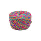 Multicolor yarn ball, side view, dense and compact.