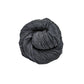 Lace weight silk yarn in color way black in front of white background.