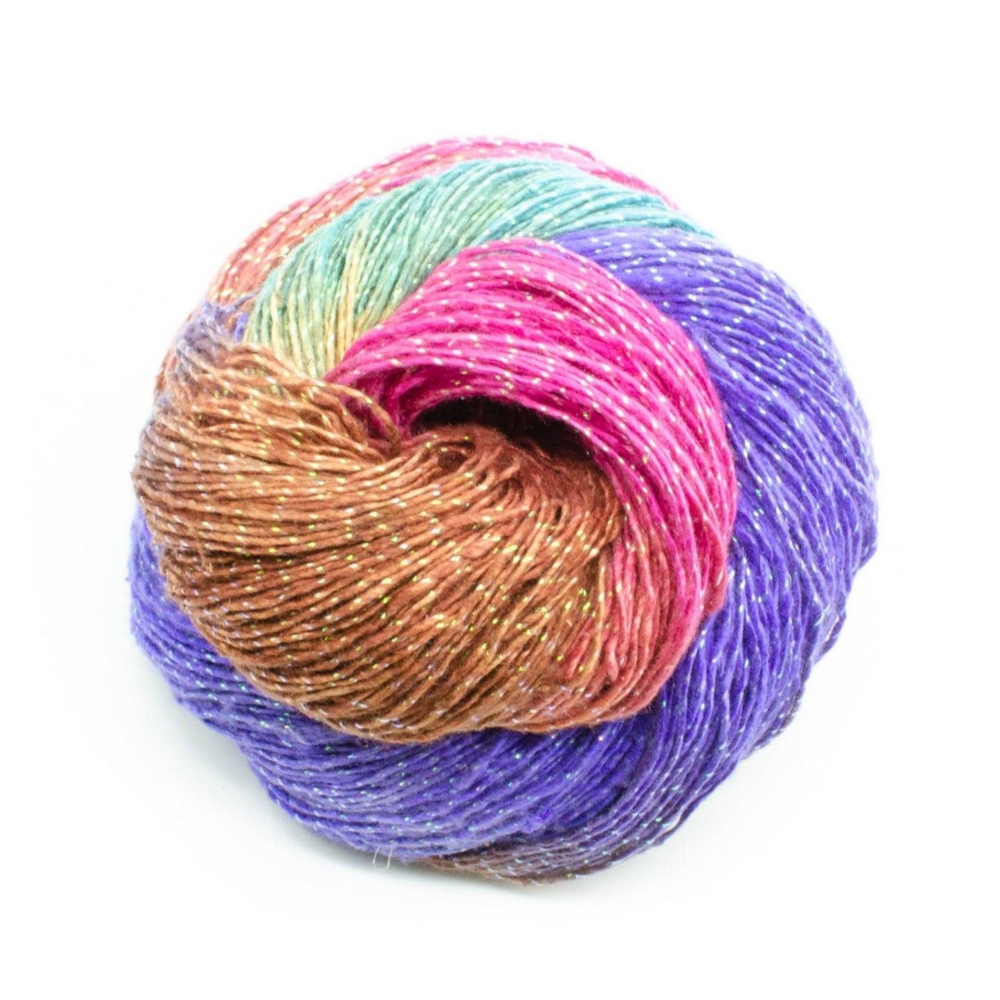 a skein of recycled silk sparkle yarn in the color brown, pink, purple, and light blue on a white background