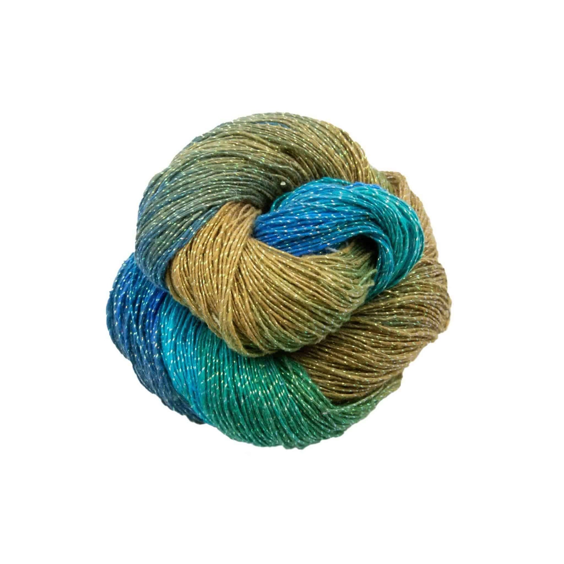 Lace weight 100 recycled silk yarn sparkle sandy beach.