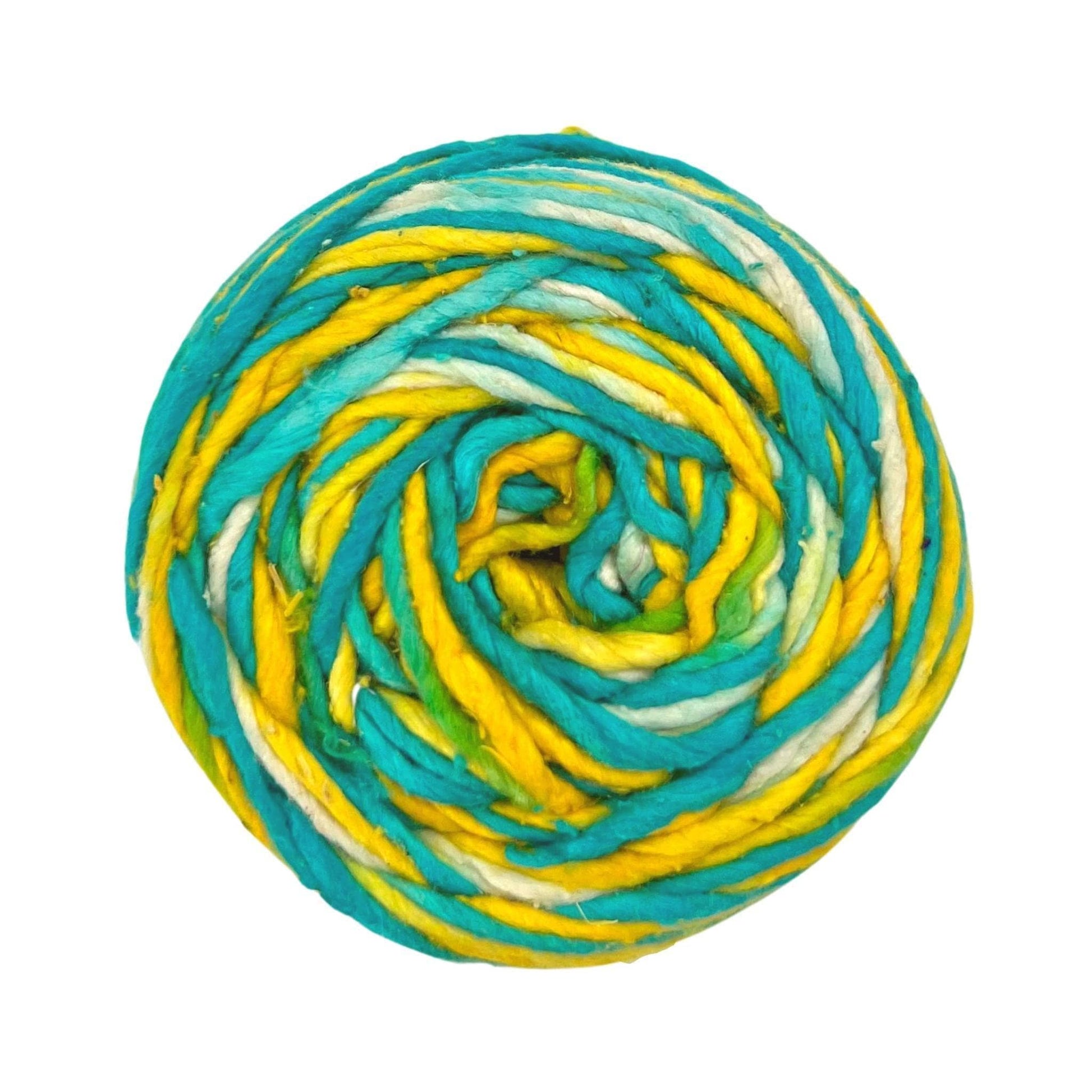 A ball of yarn with twisted strands in shades of blue, green, yellow, and white.
