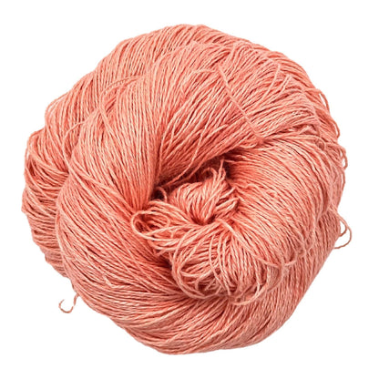 A skein of sport weight 2-Ply Linen Yarn in the colorway "Raspberry Blush" on a white background.