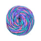 A ball of twisted, multi-colored yarn with pink, purple, teal, and blue strands.