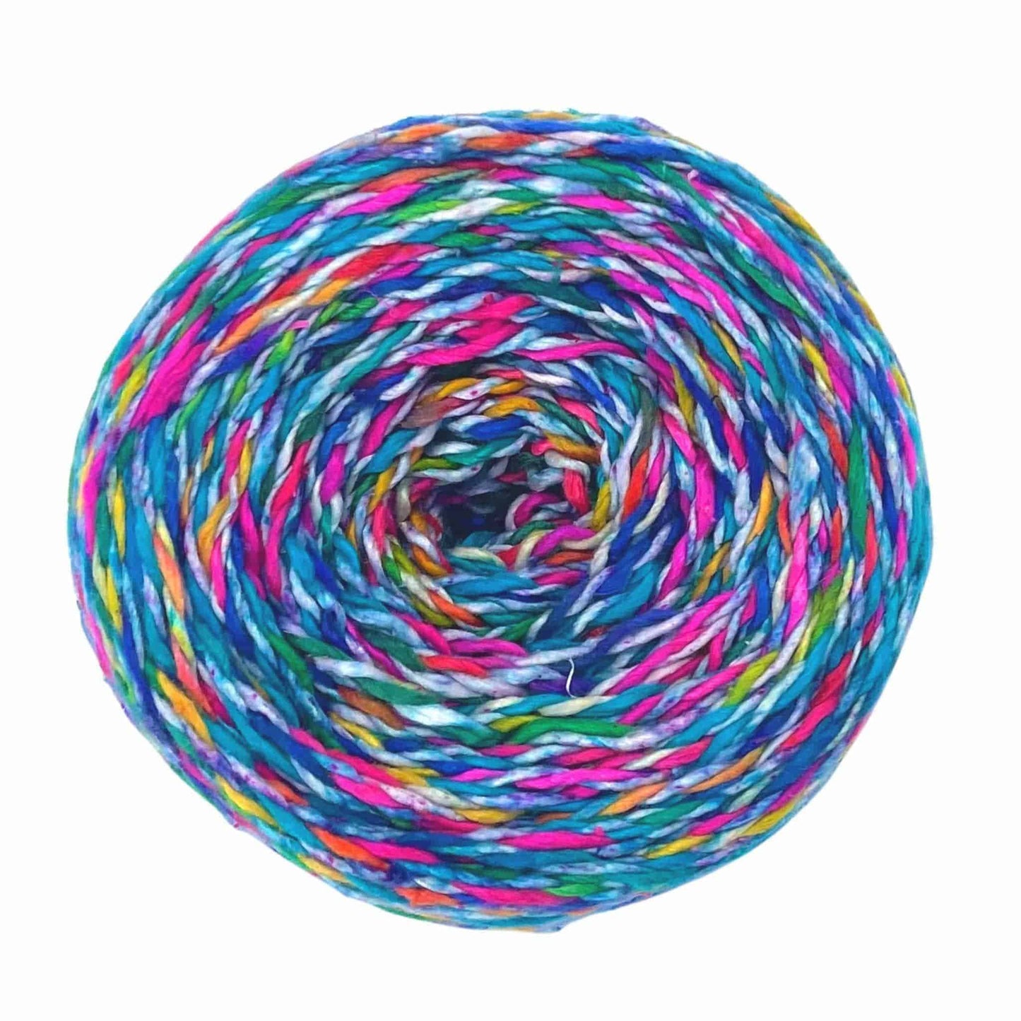 a cake of variegated twisted silk yarn in light blue, dark blue, pink, purple and yellow.