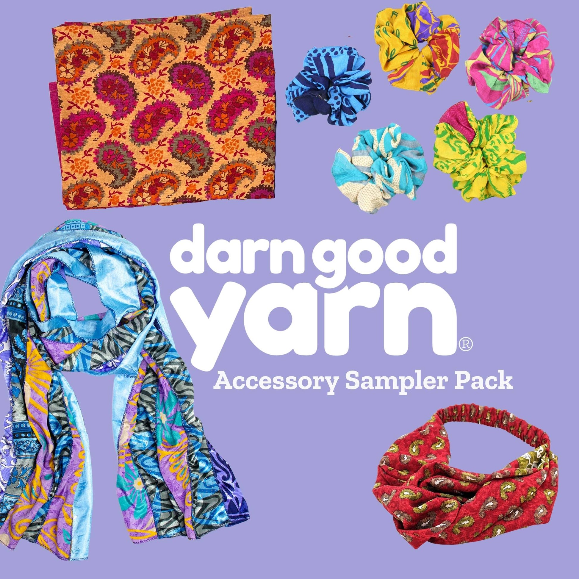 Picture reads Darn Good Yan Accessory Sampler Pack.  A Medley scarf, a kameela knot headband, a scrunchie 5 pack and a furoshiki are on a purple background. 