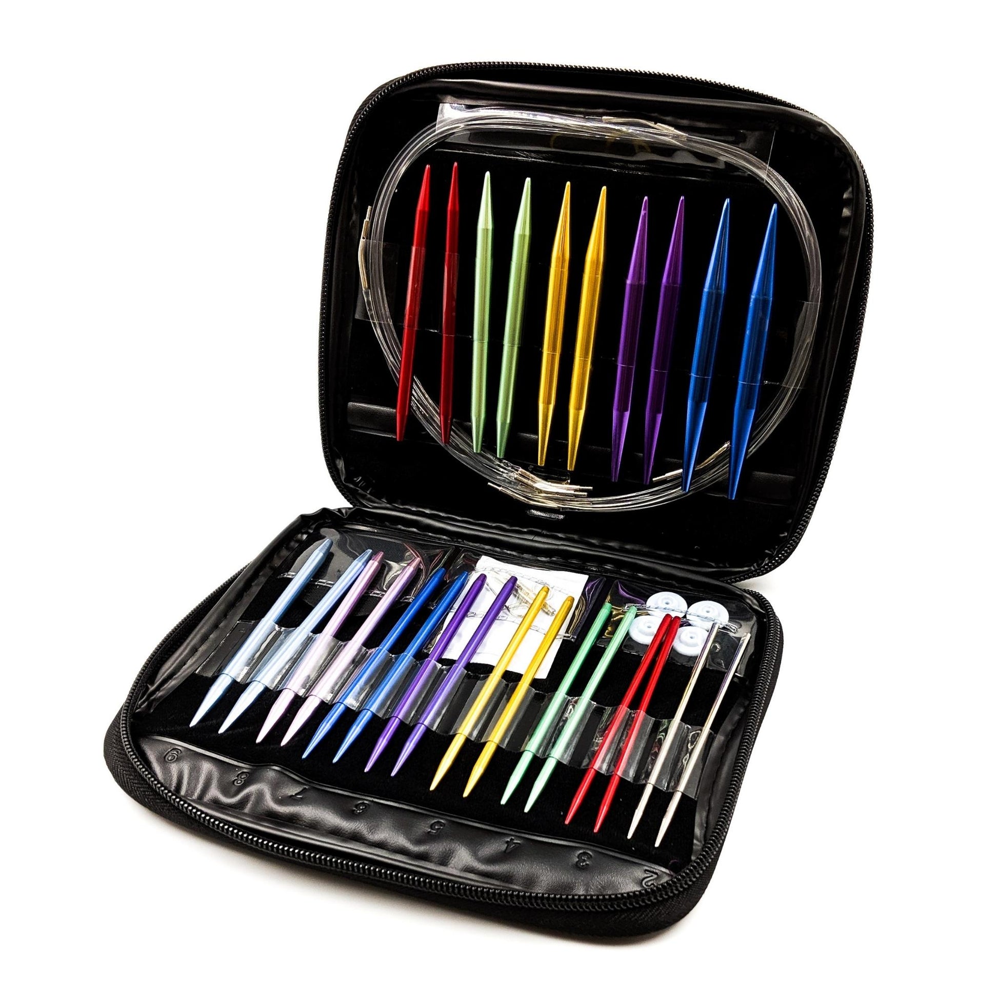 An open Aluminum interchangeable Knitting Needle Set. There are 13 sets of knitting needles in a variety of colors. Easy to change out.