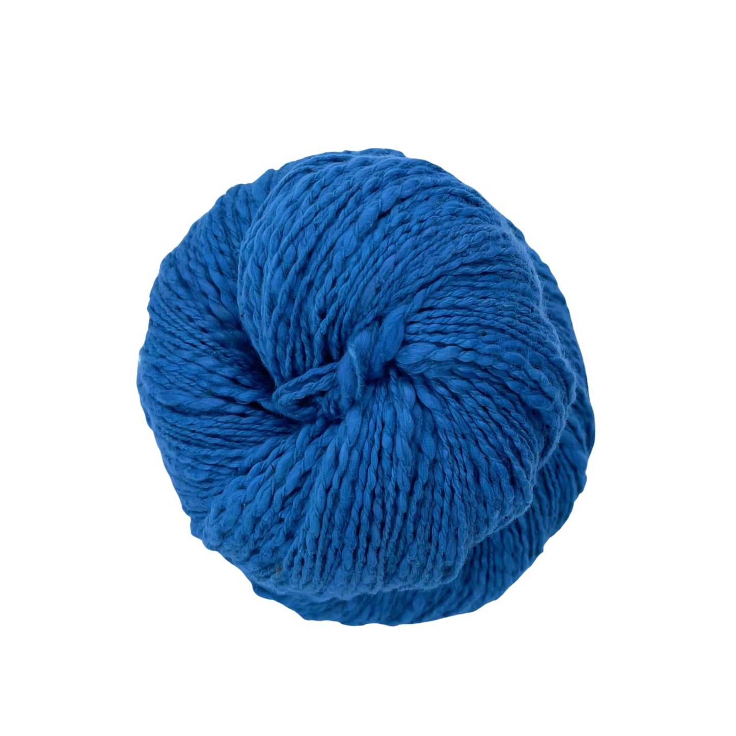 A skein of blue cotton yarn on a white background