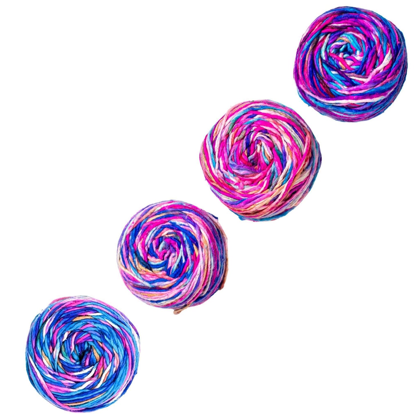 Silk roving worsted weight yarn in colorway phenomena, differences in yarn due to dying shown. Yarn can be darker with stronger blues or lighter with stronger pinks.