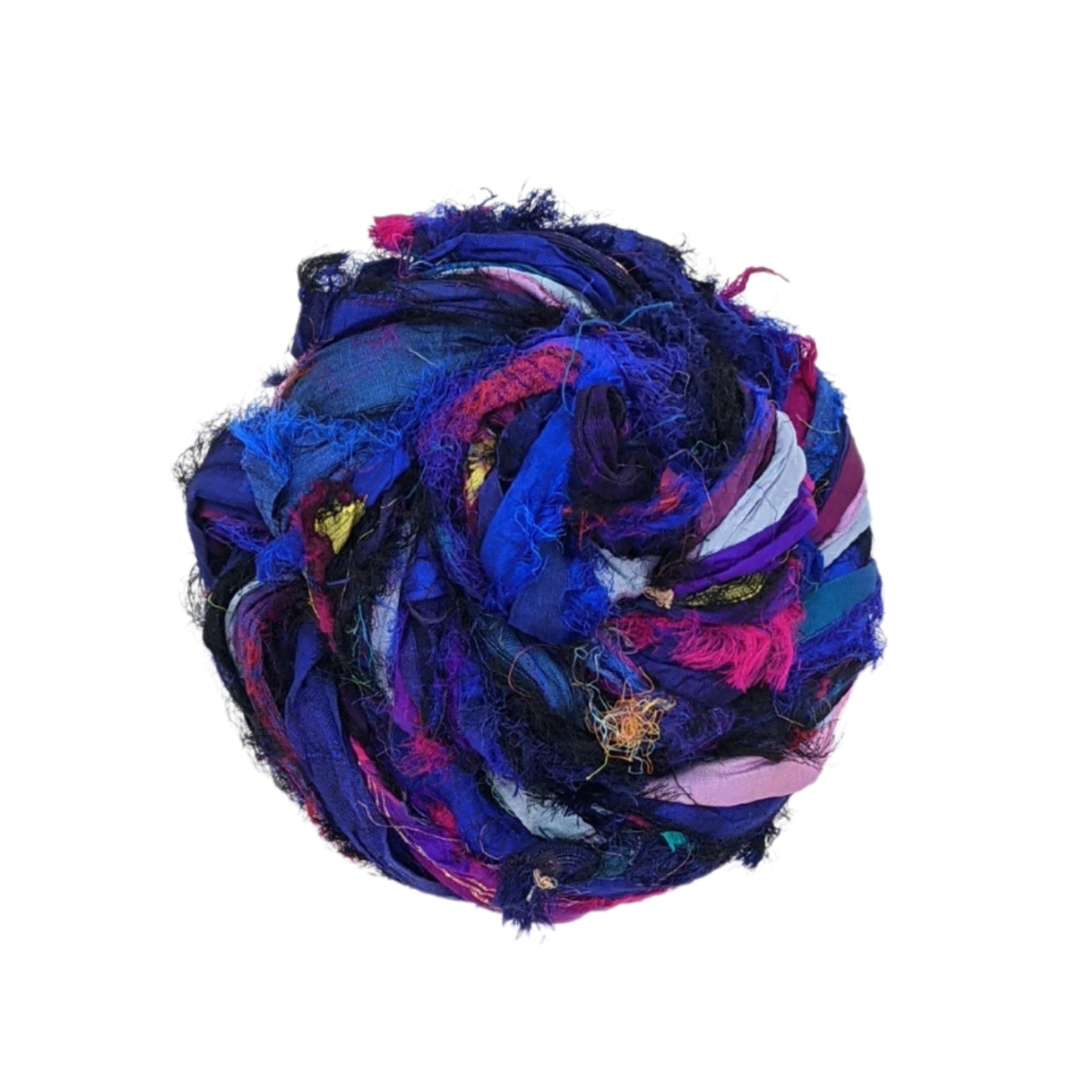 An overhead view of Windswept Sari Silk Ribbon in Indigo colors on a white background. This colorway has mixes of purples, blues and pinks in it.