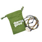 A brown, tan, yellow and white wrap bracelet on a white background with a green canvas bag