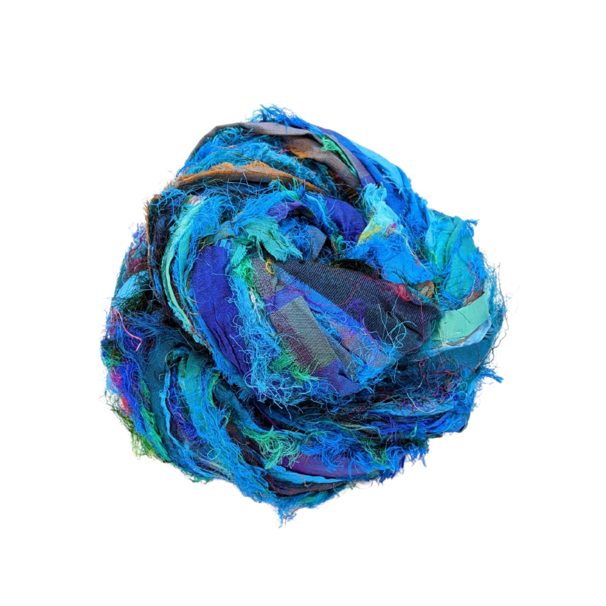 An overhead view of Windswept Sari Silk Ribbon in Turquoise, on a white background.