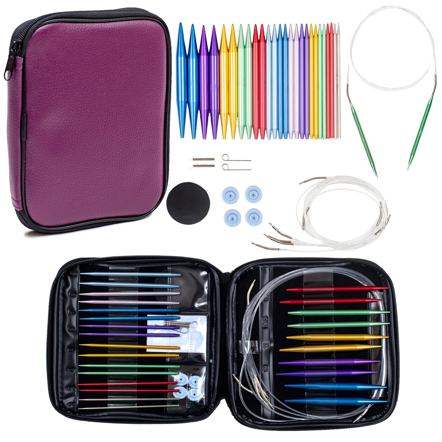 An overhead view of an interchangeable knitting needle set, showing everything that comes inside the kit. This kit also comes in a purple travel case for your aluminum knitting needles.