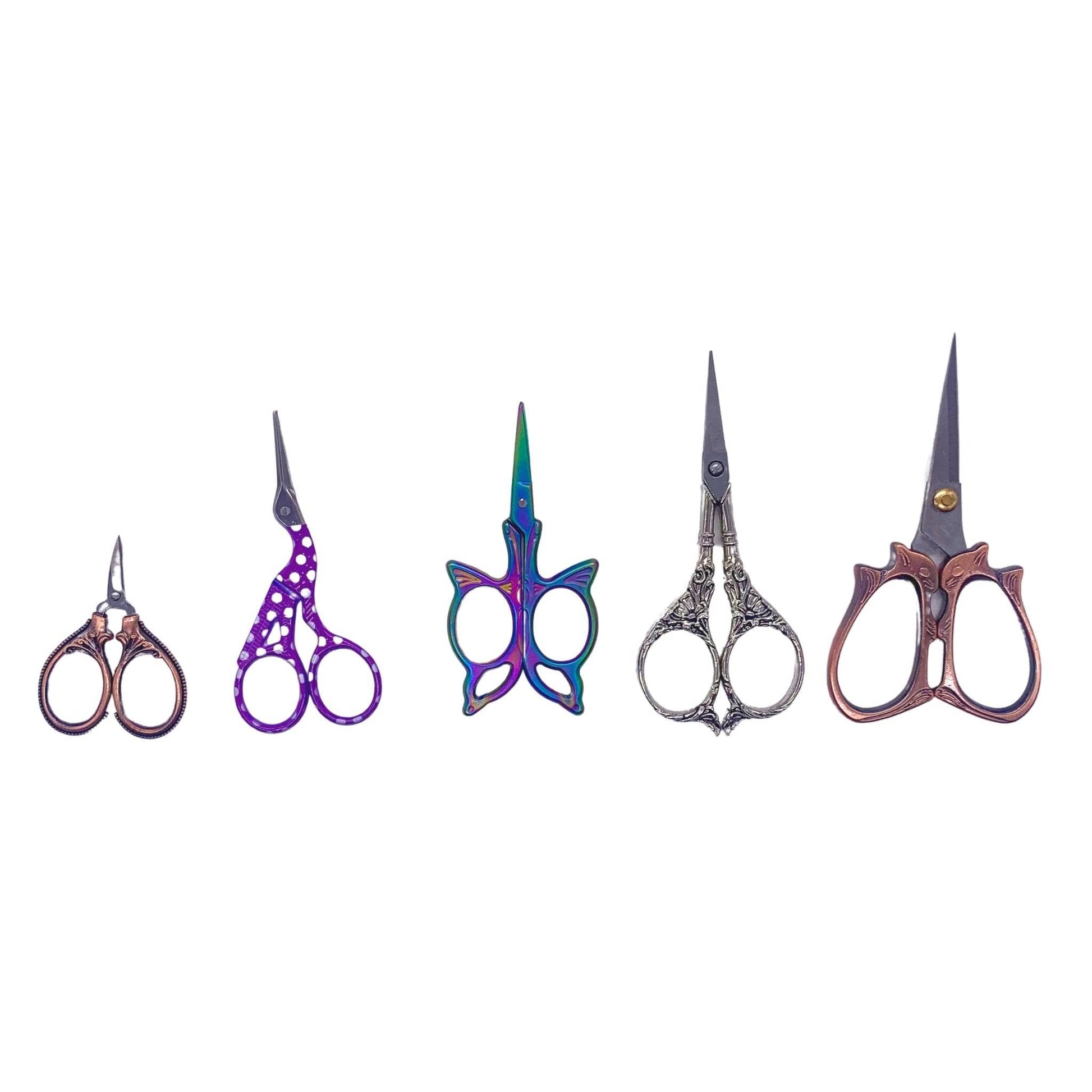 Five Pairs of Unique Crafting Scissors on a white background.