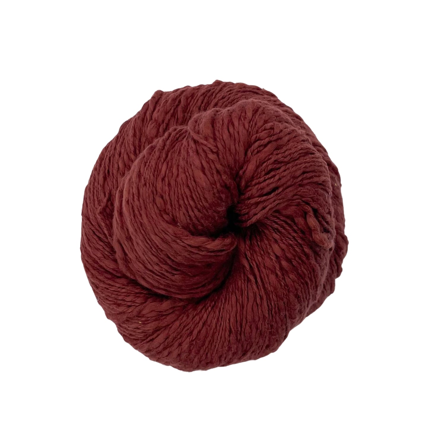 A skein of brown cotton yarn on a white background