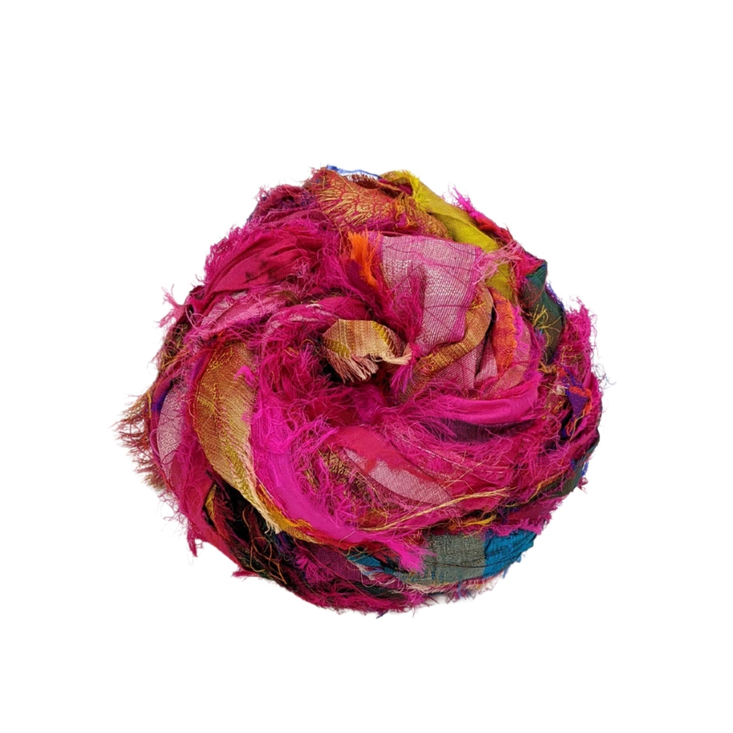 An overhead view of windswept Sari Silk Ribbon on a white background. In the magenta colorway.
