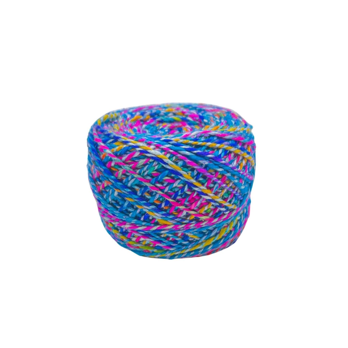 a cake of variegated twisted silk yarn in light blue, dark blue, pink, purple and yellow.