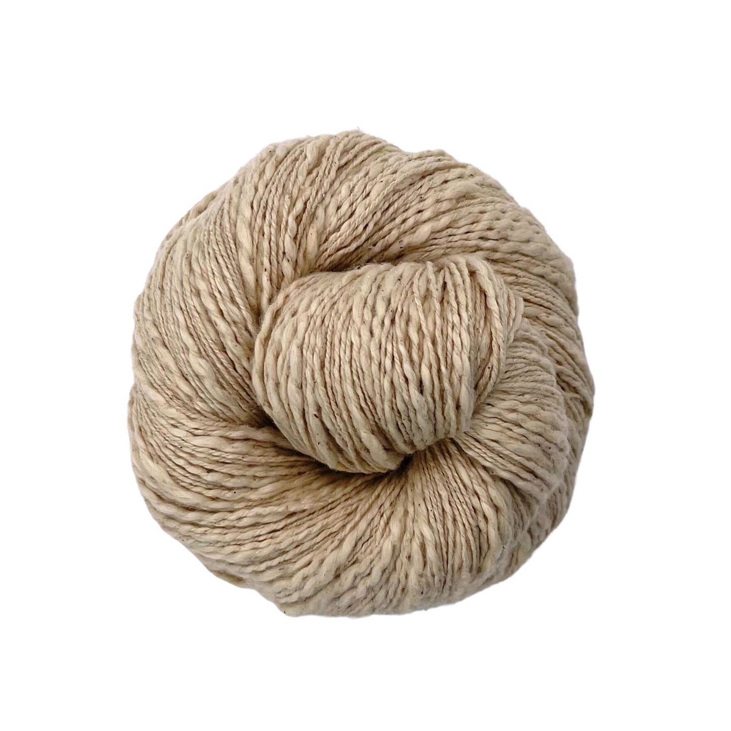 A skein of white/ undyed cotton yarn on a white background