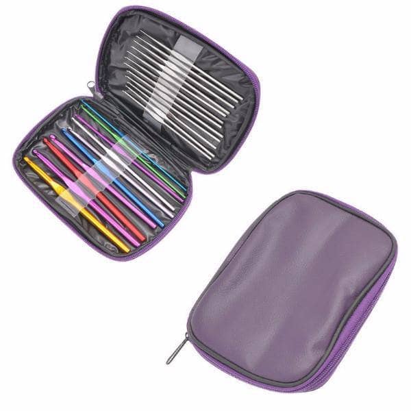 Aluminum Crochet Hook Set in a black and purple carrying case on a white background