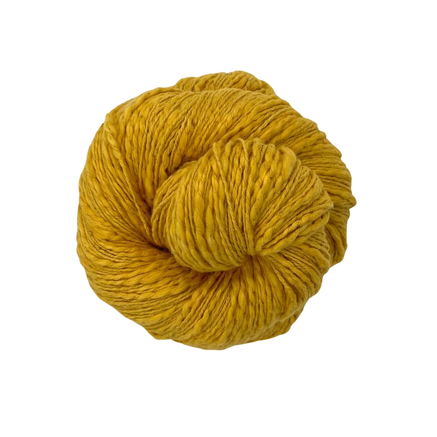 A skein of goldenrod yellow cotton yarn on a white background