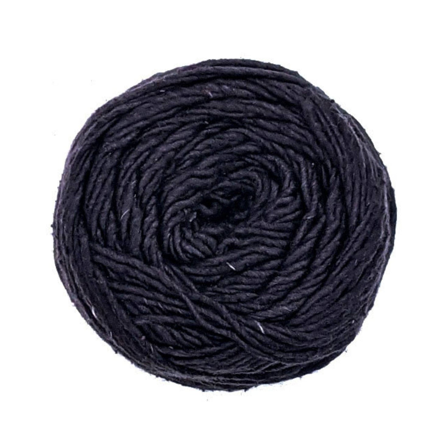 Single skien of worsted weight recycled silk yarn in black colorway in front of a white background.