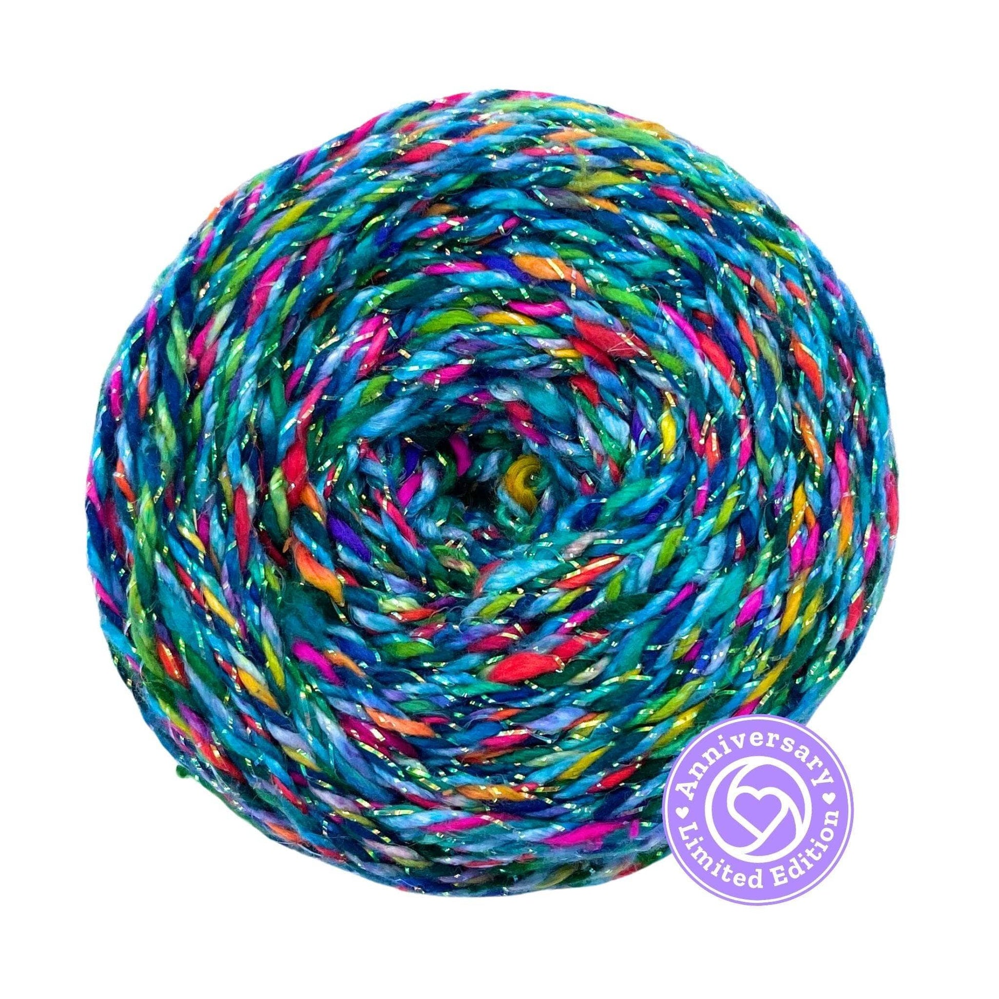 A Skein of Limited Edition Sparkle DK Weight Triple Twist Yarn in the colorway 'Fairy Lights' on a white background. This is a limited edition skein for Darn Good Yarns Birthday.
