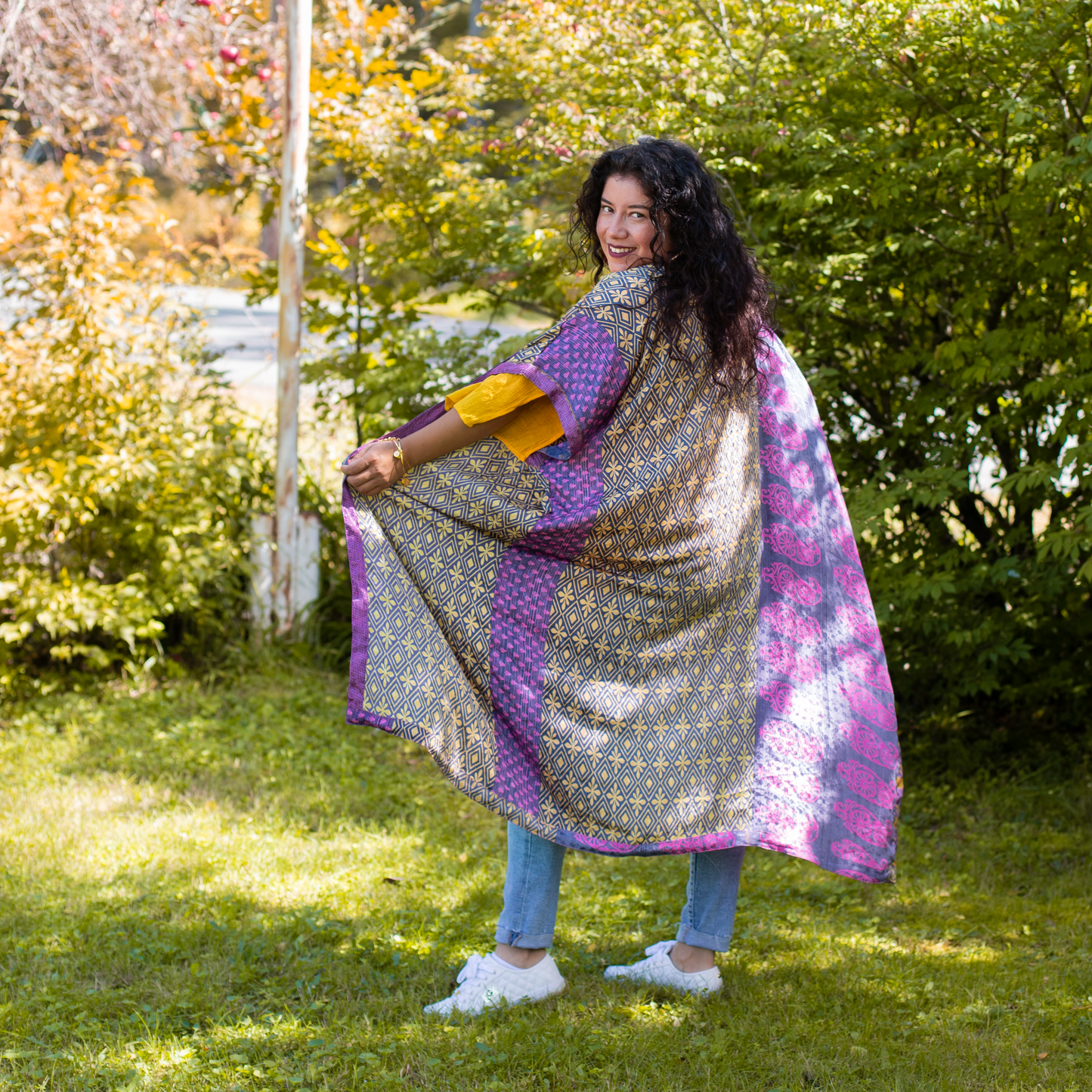 Model wearing amara long recycled sari duster.