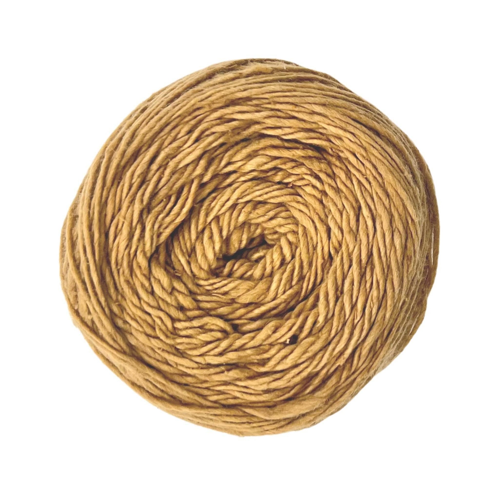 Skein of dk weight recycled silk yarn in front of a white background. Yarn is dyed with natural dyes and is a sandy beige color.